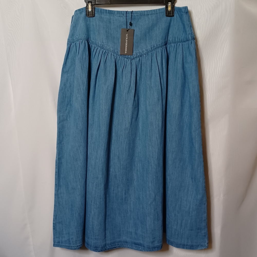 Wednesday Girl Chambray Blue Midi Skirt With Gathers. Size XL - Picture 9 of 15